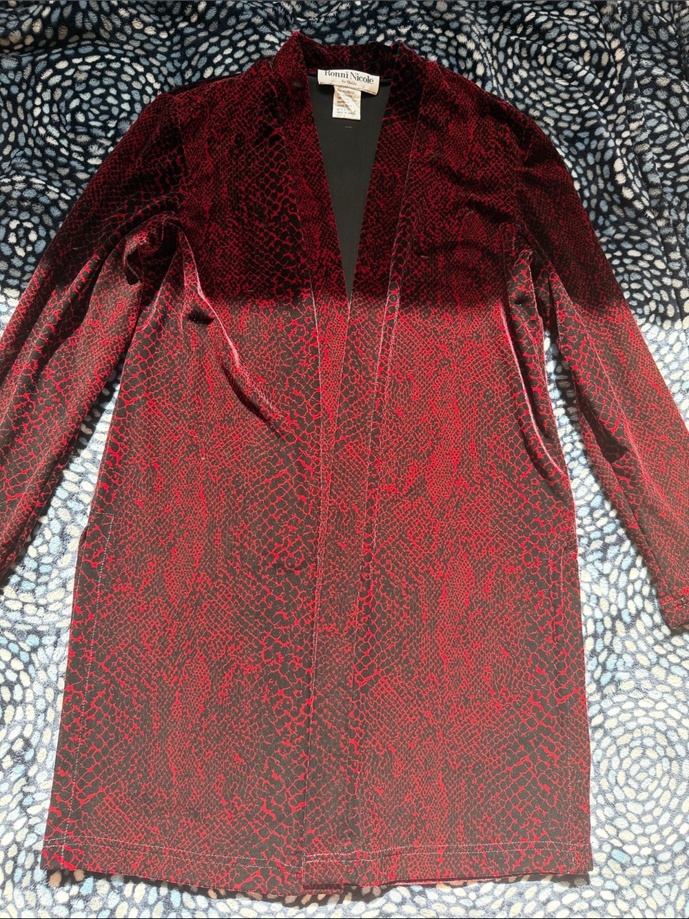 Ronni Nicole Red and Black Velvet Open Front Duster